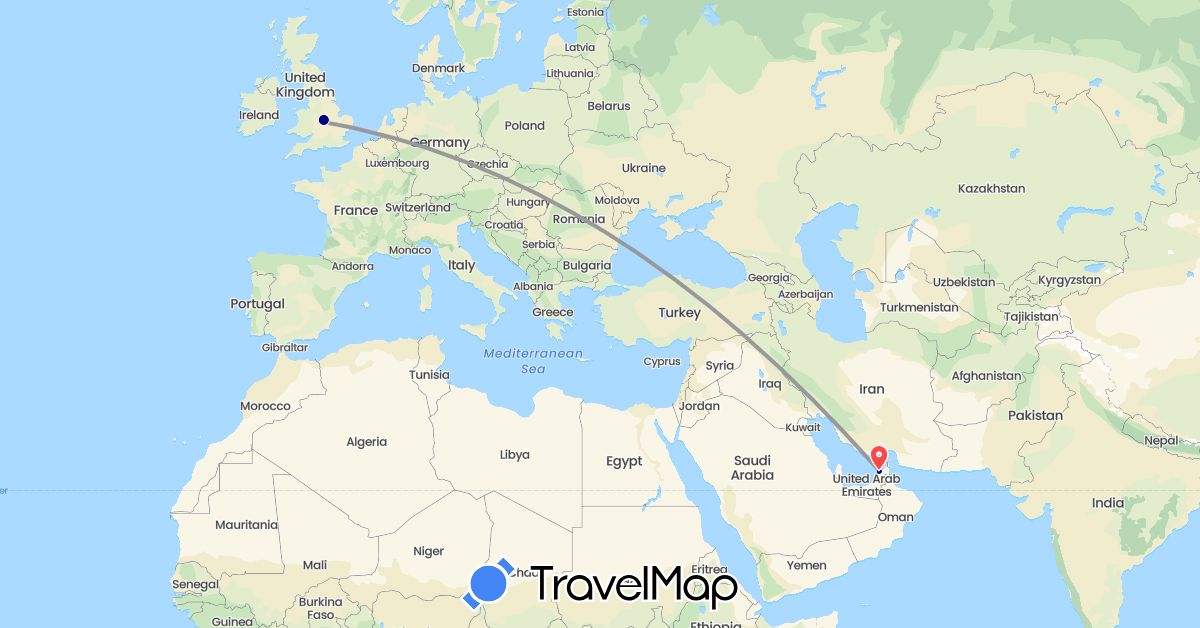 TravelMap itinerary: driving, plane, hiking in United Arab Emirates, United Kingdom (Asia, Europe)